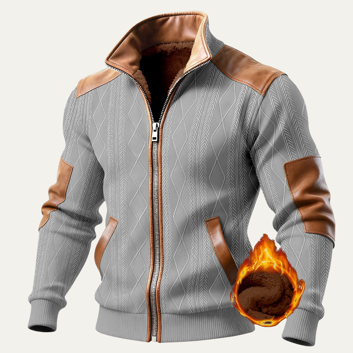 Men's Knitted Fleece Sweater Warm Zip Up Silver