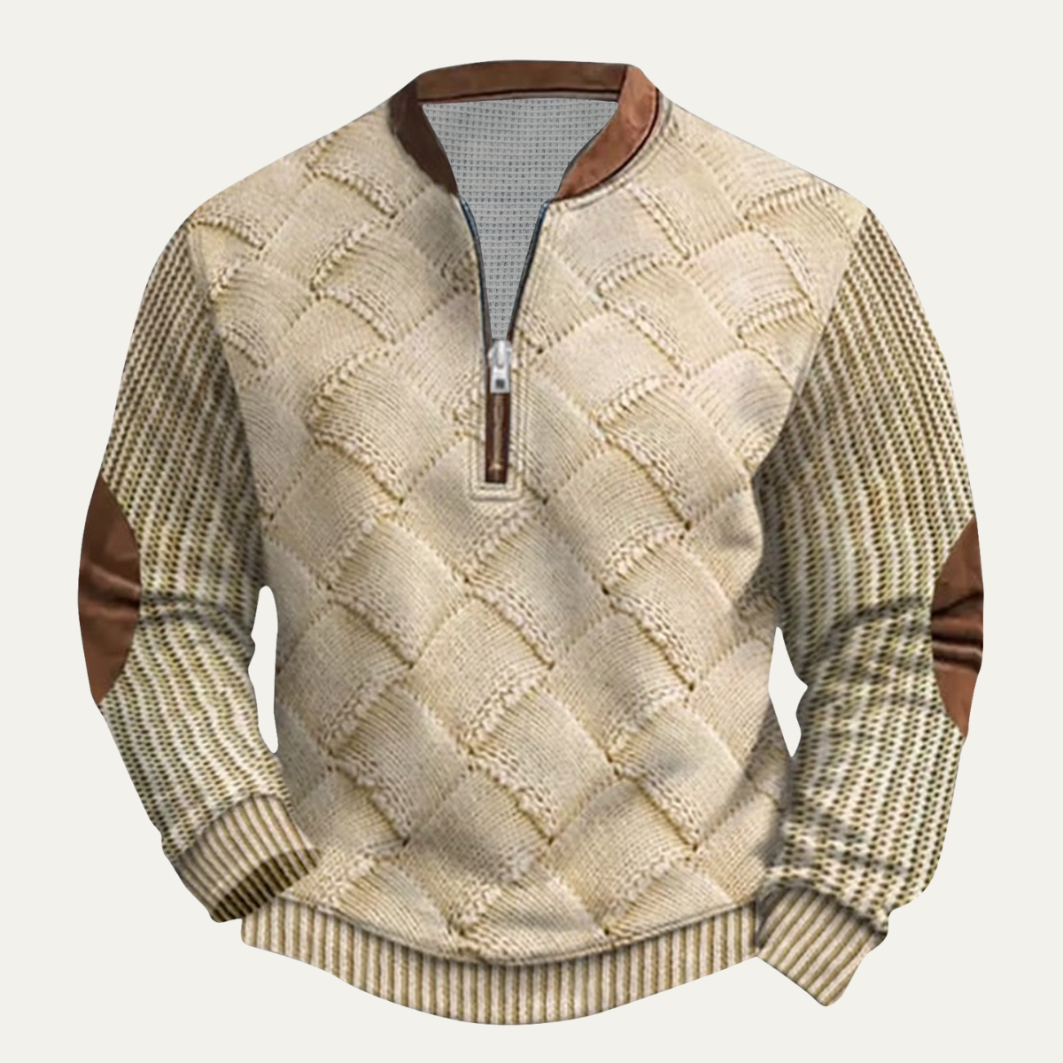 Men's Patterned Half Zip Sweater Wool Elbow Patches