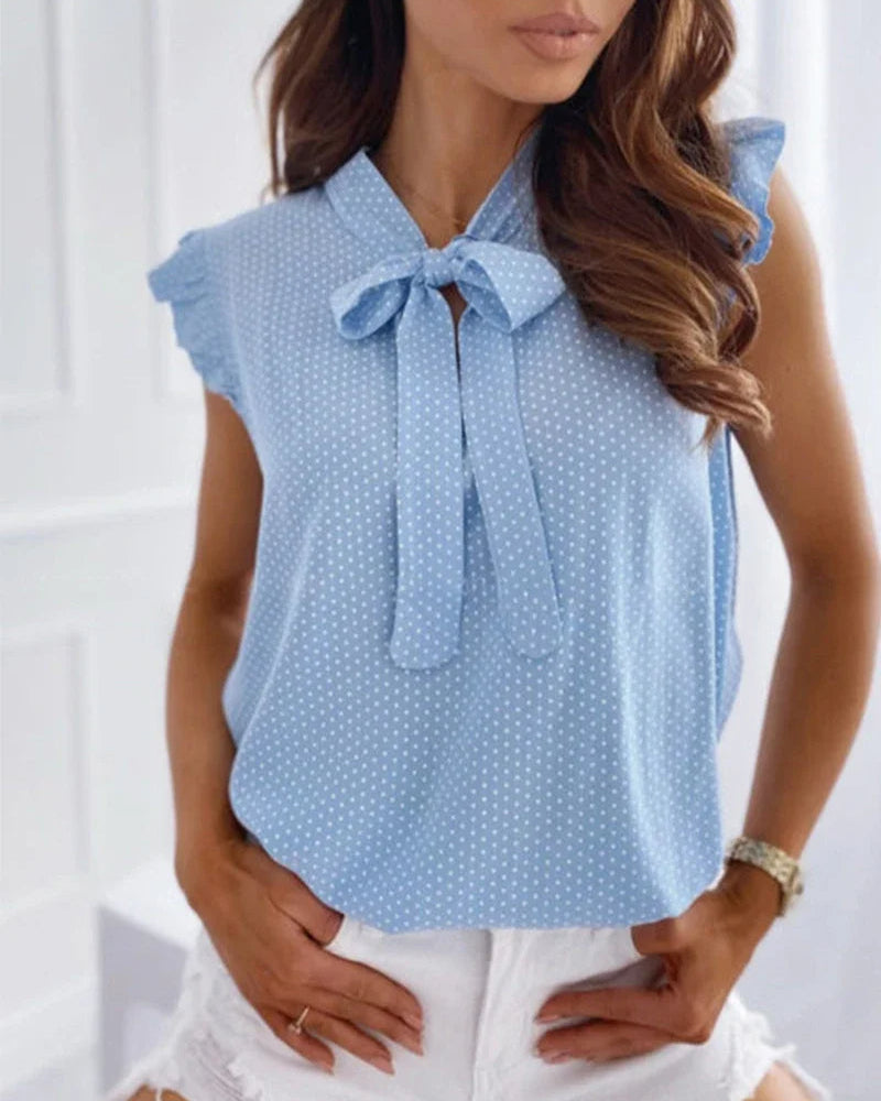 Women's Ruffle Blouse Sleeveless Bow Detail