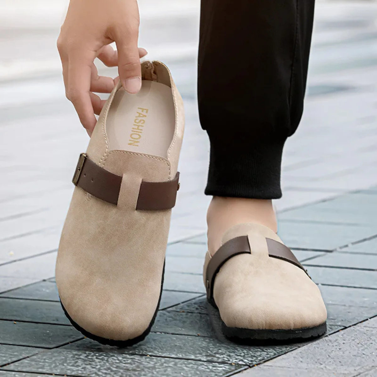 Men's Suede Moccasin Slippers Buckle Brown