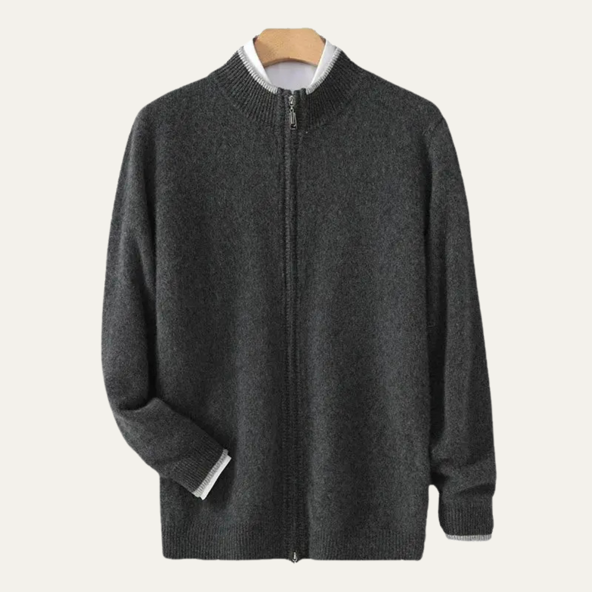 Men's Wool Cardigan Soft Warm Zip Up Knit Beige