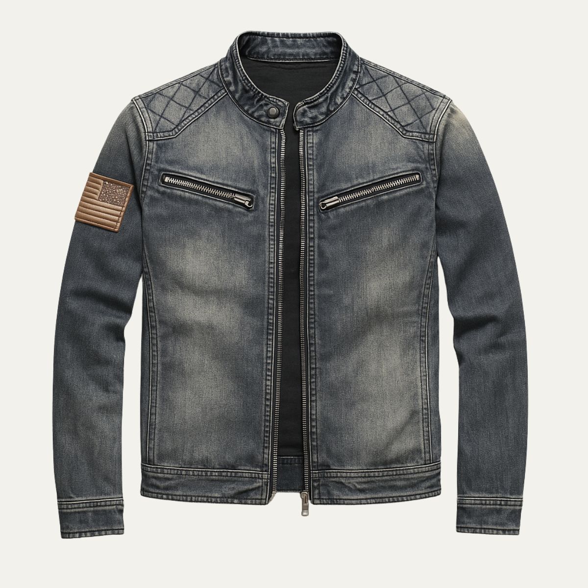 Men's Slim Fit Denim Jacket Zip Collar - VibreMode