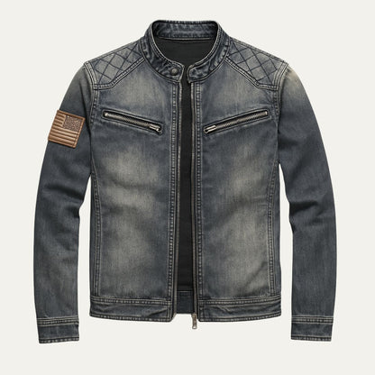 Men's Slim Fit Denim Jacket Zip Collar - VibreMode