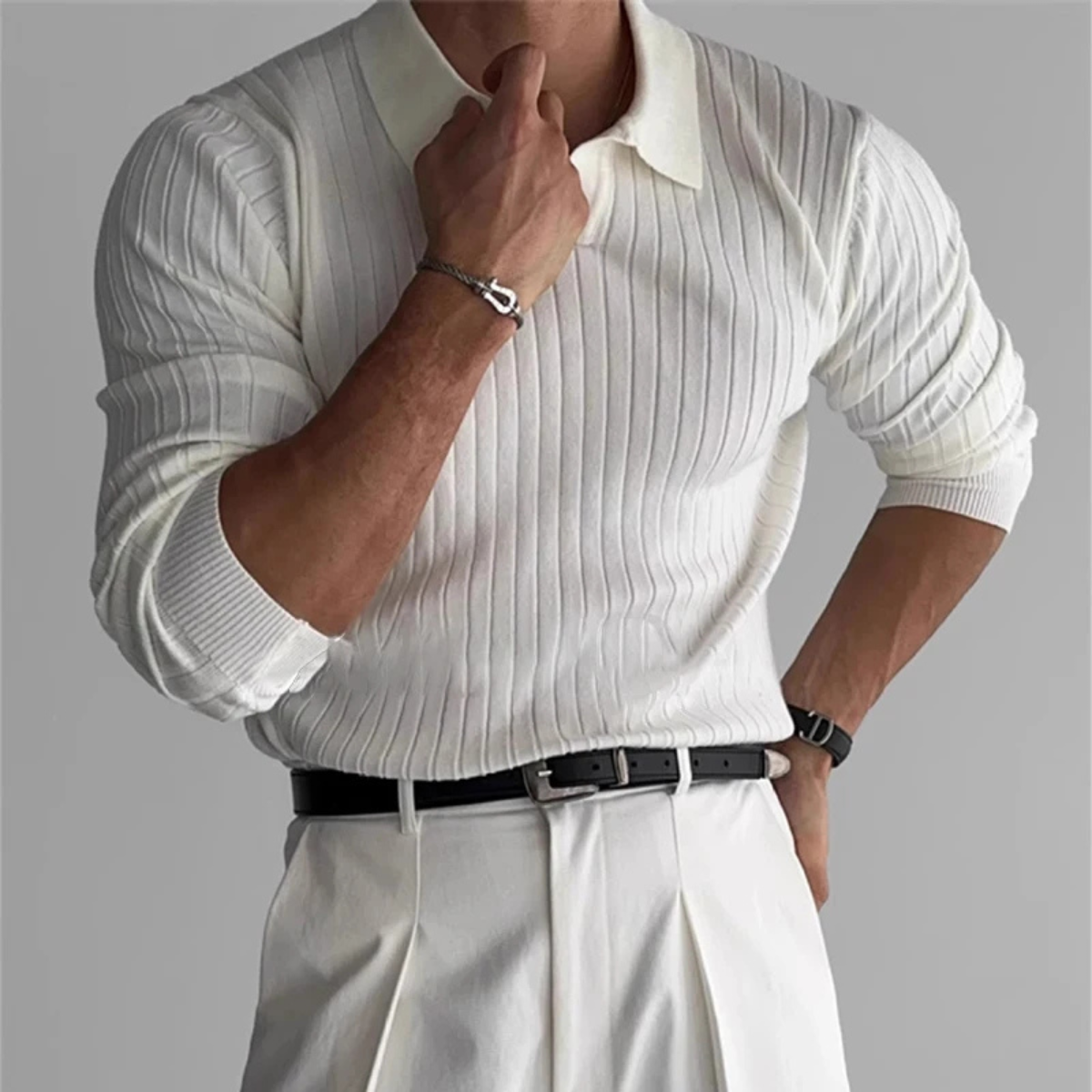 Men's V Neck Jacquard Knit Polo Shirt