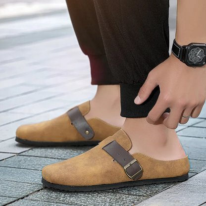 Men's Suede Moccasin Slippers Buckle Brown