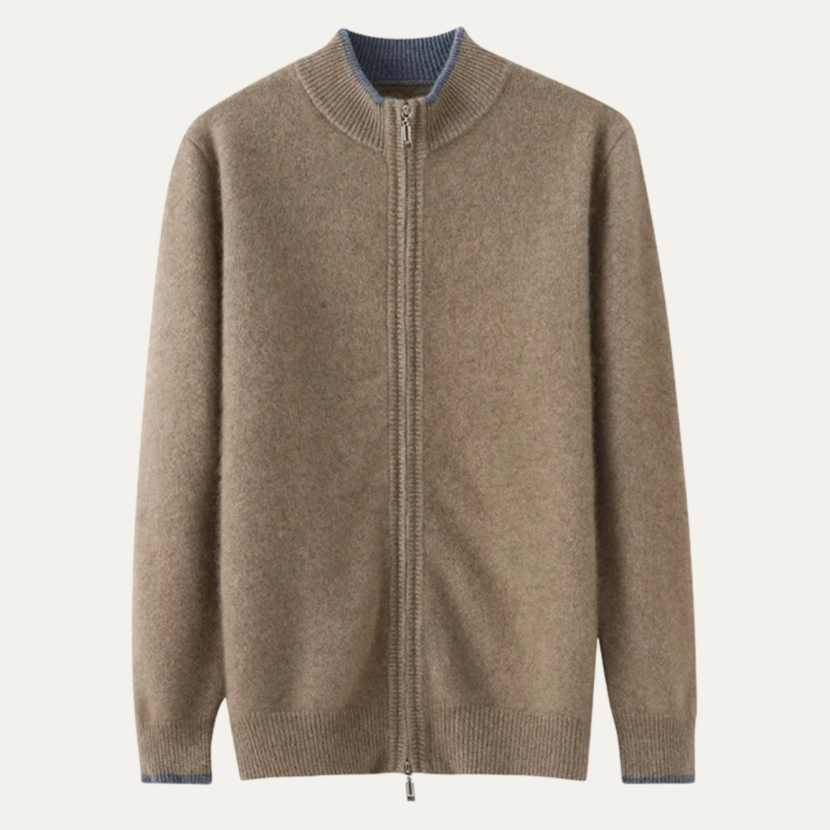 Men's Wool Cardigan Soft Warm Zip Up Knit Beige - VibreMode