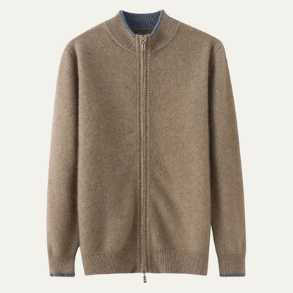Men's Wool Cardigan Soft Warm Zip Up Knit Beige - VibreMode