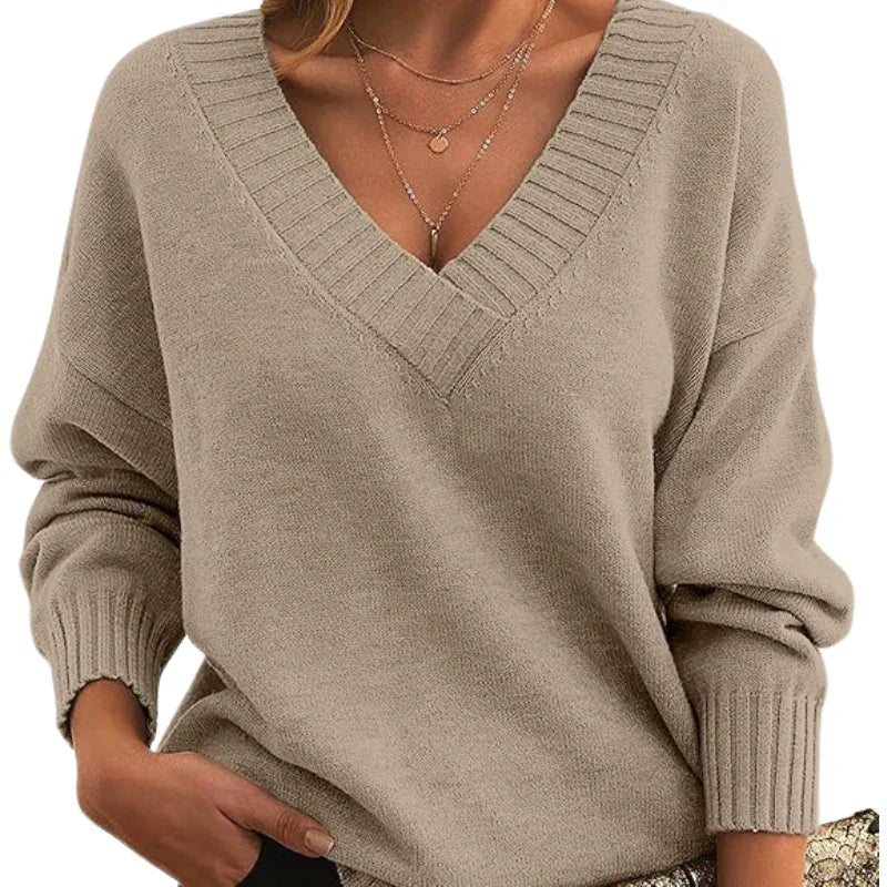 Women's Textured Knit Sweater Relaxed Fit V-Neck