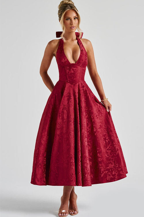Women's V-Neck Halterneck Maxi Dress Sleeveless Jacquard