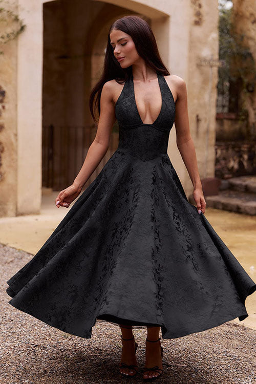 Women's Midi Flared Halter Dress Structured Fit