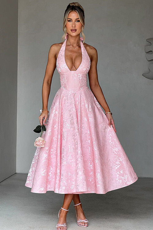 Women's V-Neck Halterneck Maxi Dress Sleeveless Jacquard
