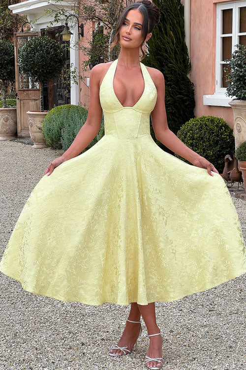Women's V-Neck Halterneck Maxi Dress Sleeveless Jacquard