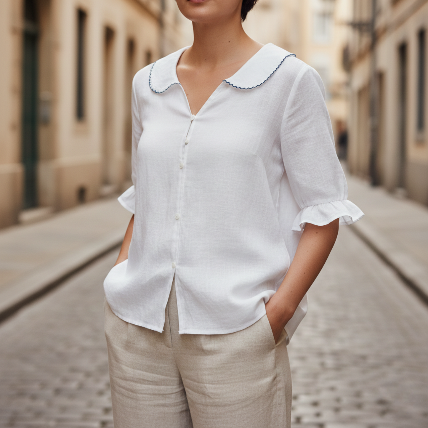 Women’s Button Down Blouse Scalloped Collar Casual Summer Top