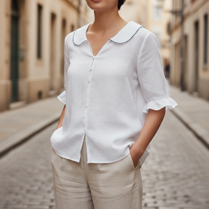 Women’s Button Down Blouse Scalloped Collar Casual Summer Top