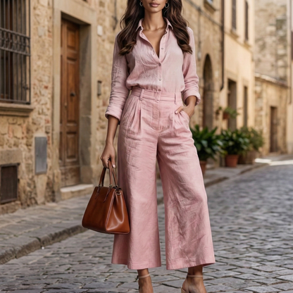 Two Piece Set Women Button Shirt and Wide Leg Pants