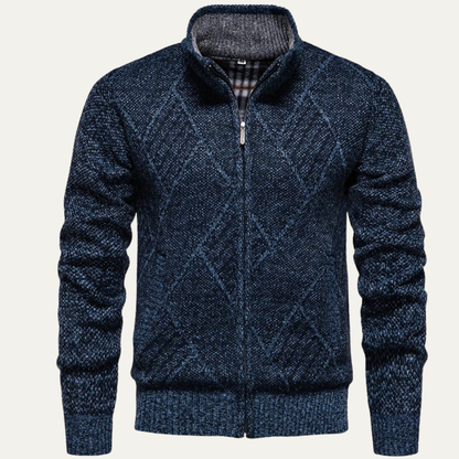 Men's Knit Fleece Cardigan Diamond Pattern Zip Front
