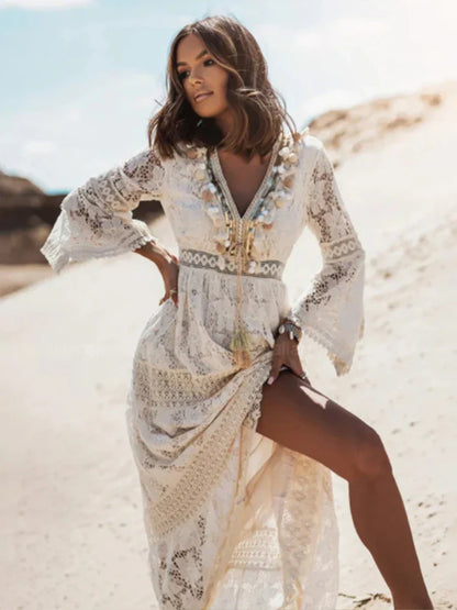 Women's Bohemian Maxi Dress Lace Trim Flared Sleeves