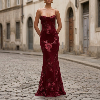 Women’s Mermaid Evening Gown Floral Applique Formal Dress
