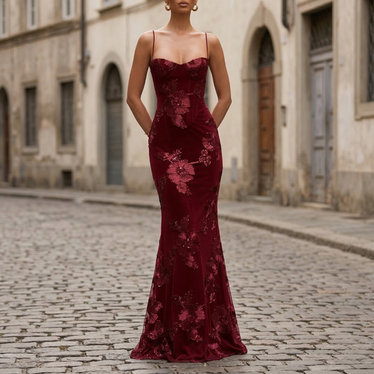 Women’s Mermaid Evening Gown Floral Applique Formal Dress