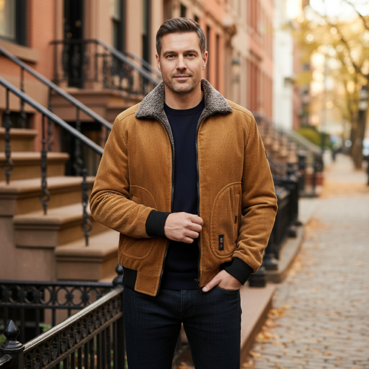 Men's Corduroy Jacket Fleece Lined Fur Collar Zip Up Coat
