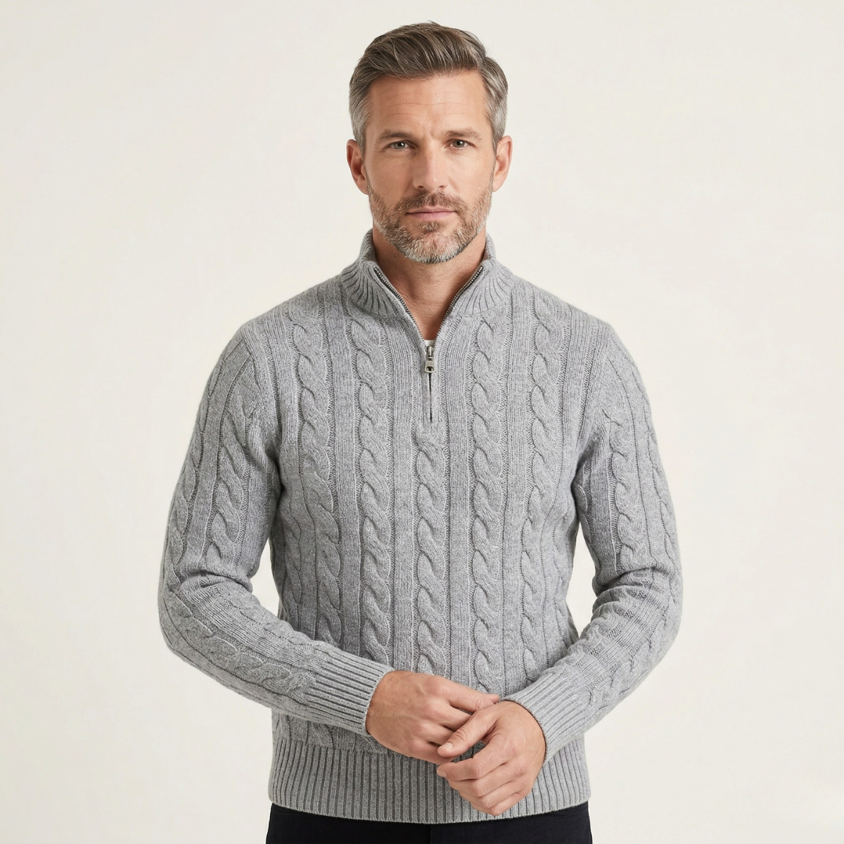Men's Cable Knit Quarter Zip Sweater High Neck