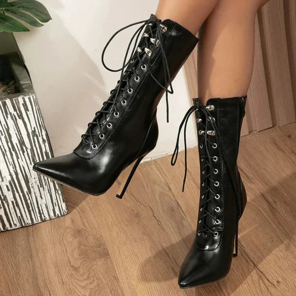 Elegant Lace Up High Heel Ankle Boots - VibreMode