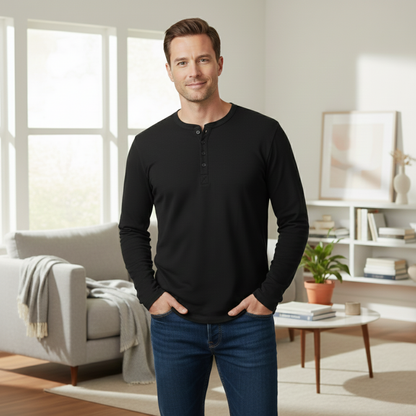 Men's Long Sleeve Henley Shirt Cotton Modern Fit