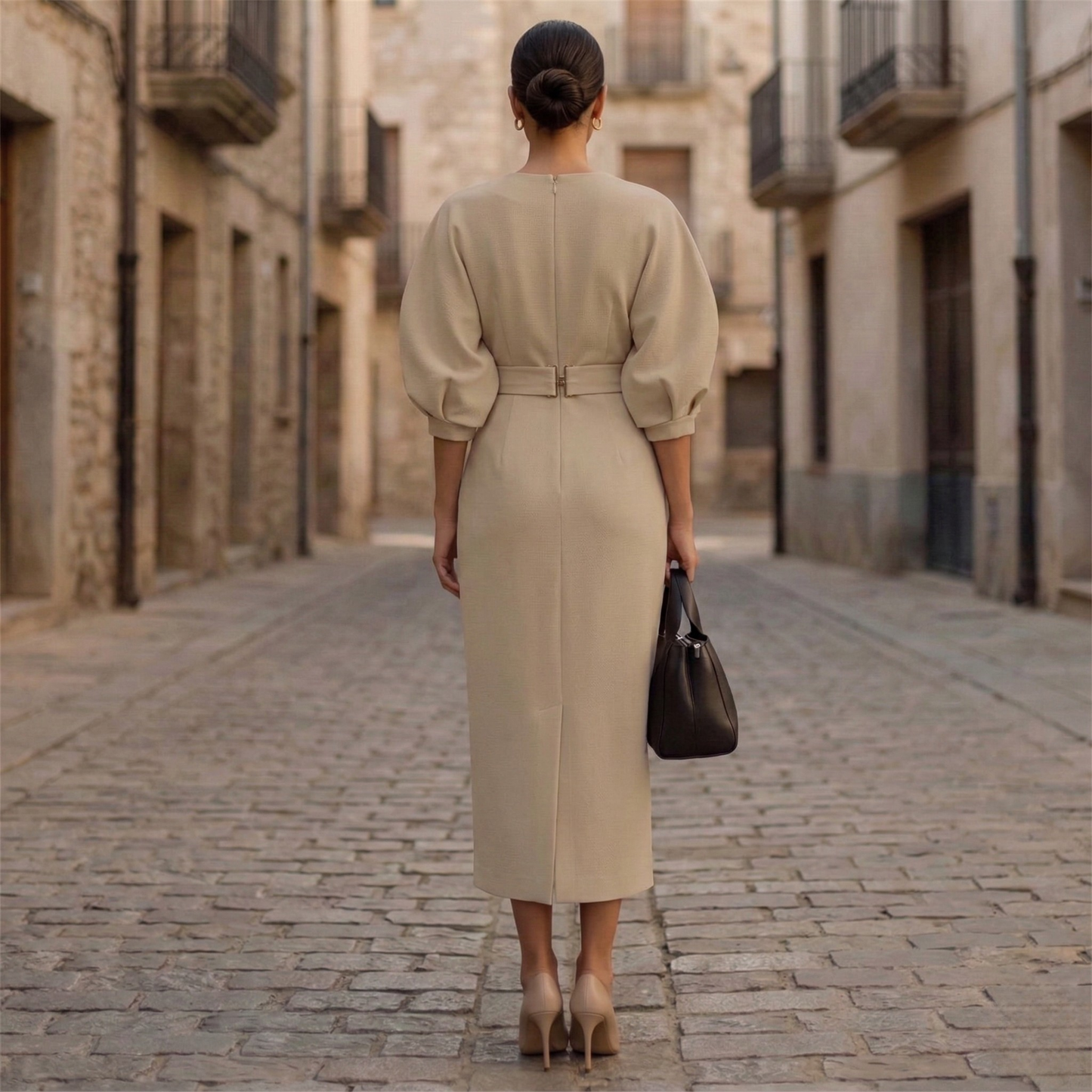 V Neck Belted Midi Dress Bishop Sleeve  Women