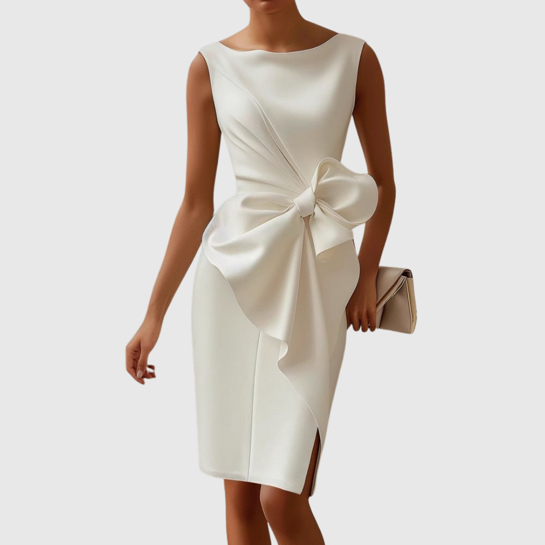Women's Sleeveless Midi Dress Boat Neck Bow Detail