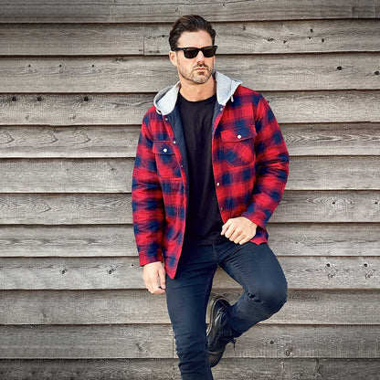 Men's Quilted Flannel Jacket With Hood Warm