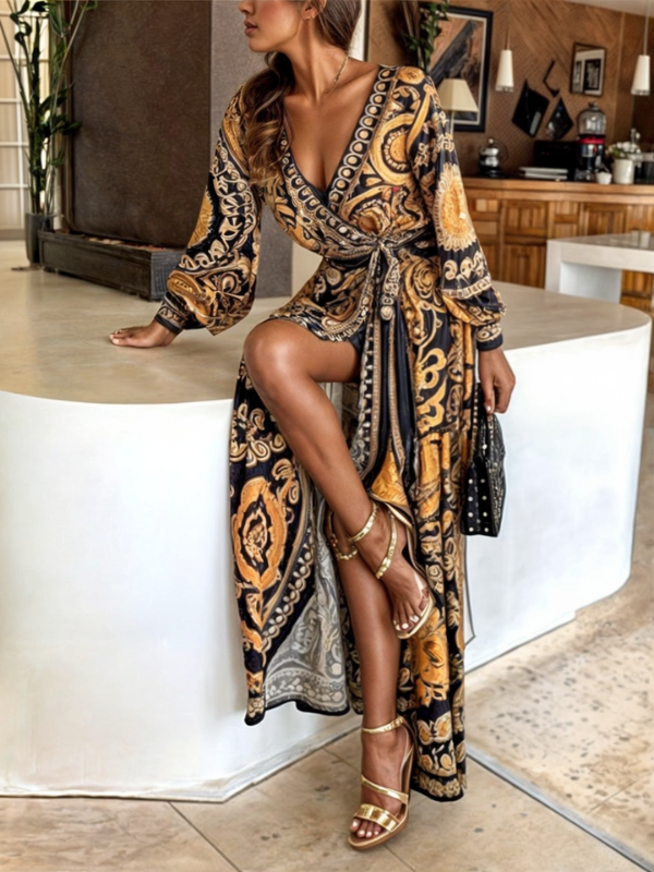 Chic Boho Long Dress with Metallic Details and High Split - VibreMode