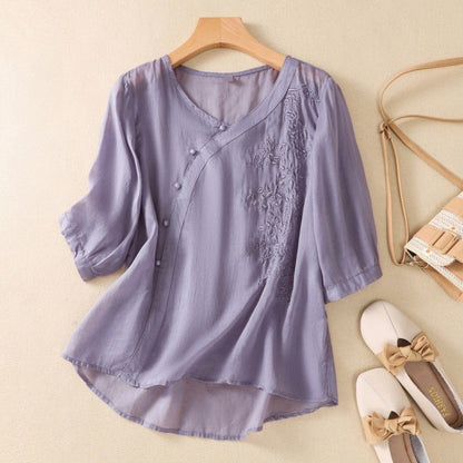 Ladies Classic Embroidered Floral Button Down Shirt