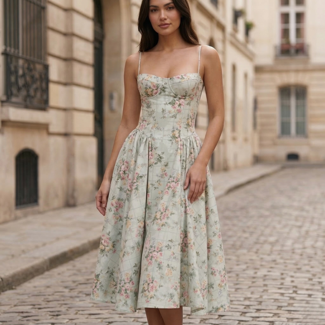 Midi Dress Corset Bodice Spaghetti Strap Women