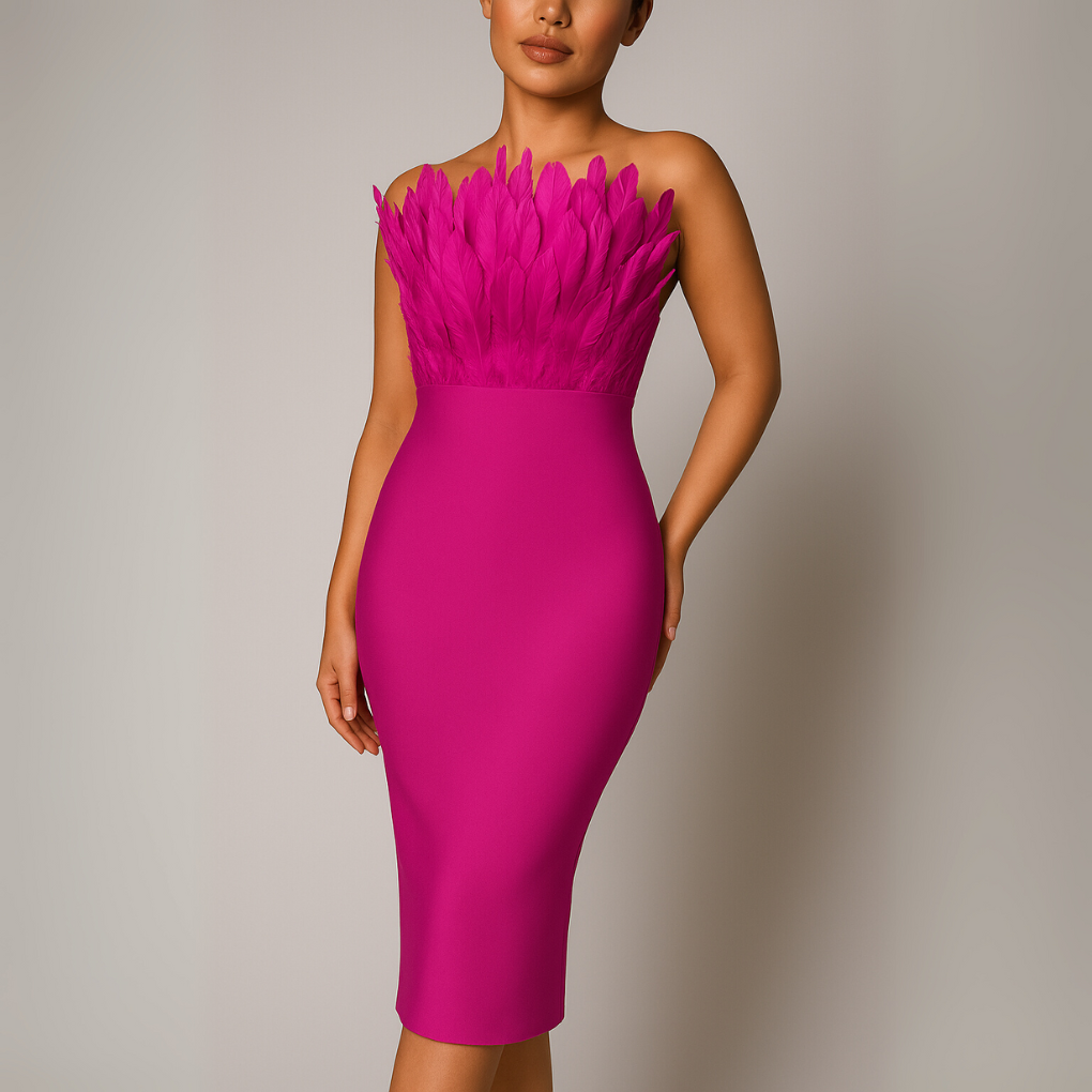 Women Strapless Feather Trim Midi Dress - VibreMode