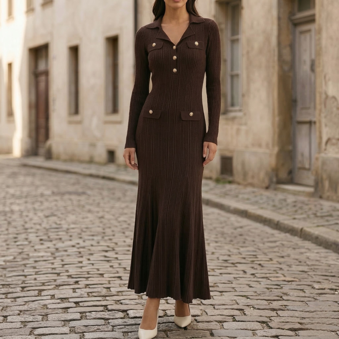 Women’s Long Sleeve Knit Maxi Dress Ribbed Bodycon Button Detail