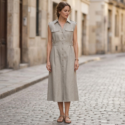 Women’s Sleeveless Shirt Dress Midi Button Front Belted Utility Dress