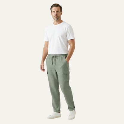 Men's Cotton Linen Cargo Pants Loose Fit Multi Pocket