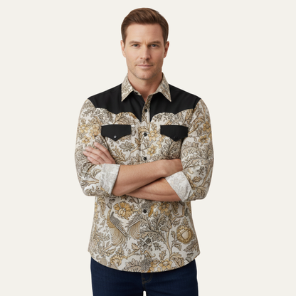 Men's Western Denim Shirt Two Tone Patchwork Blue