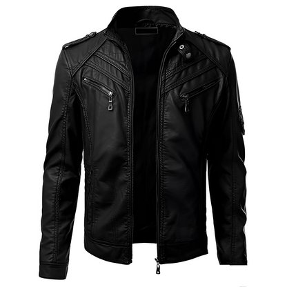 Men's Leather Jacket Slim Fit Zip Pockets Black - VibreMode