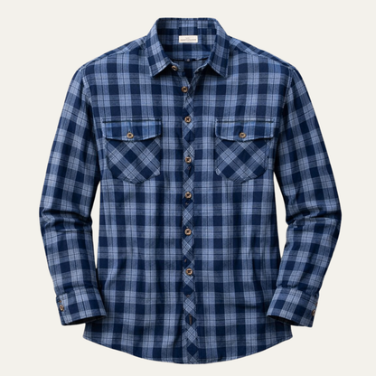 Men's Plaid Denim Shirt Chest Pockets - VibreMode
