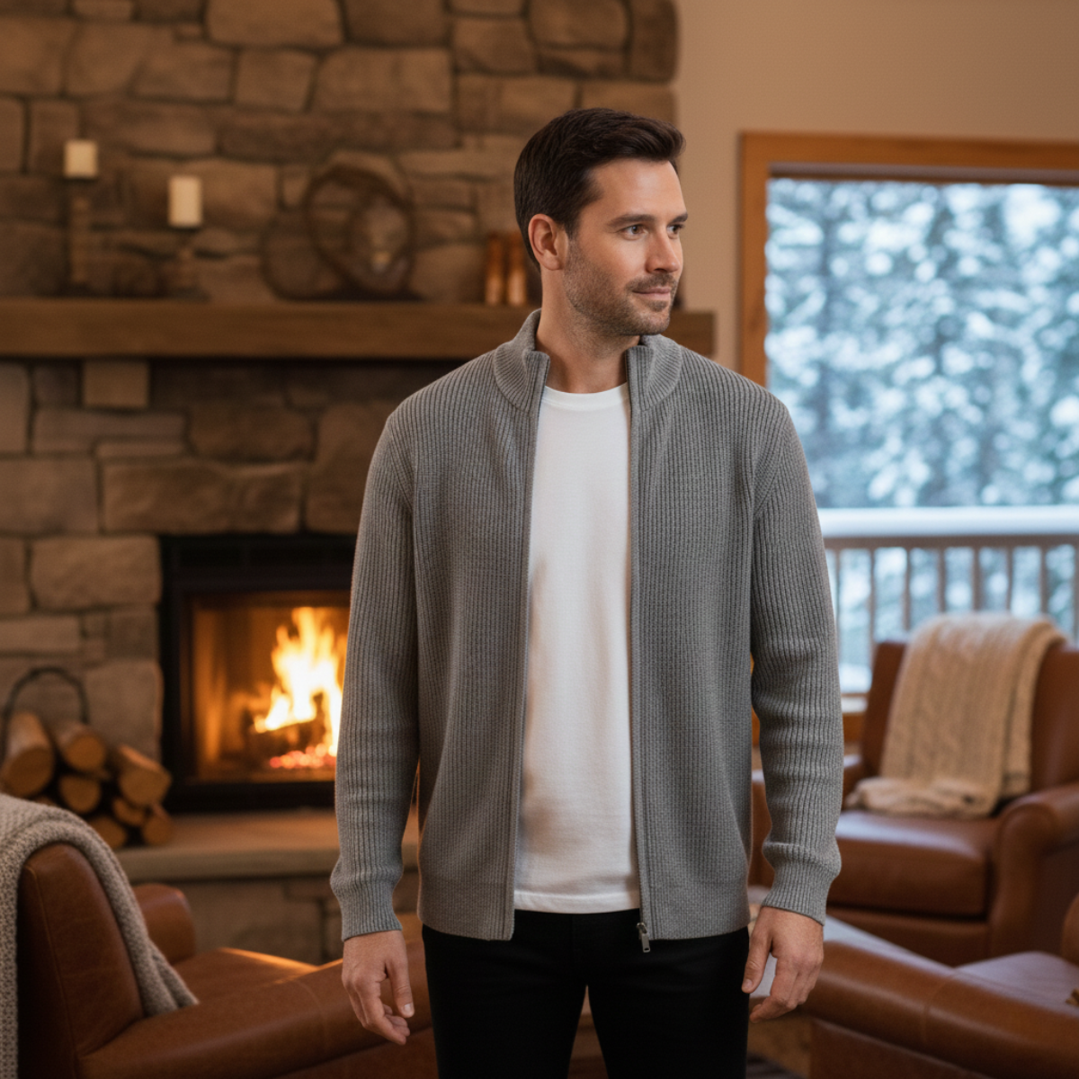 Men's Knit Cardigan Sweater Zip Front Collar Stand