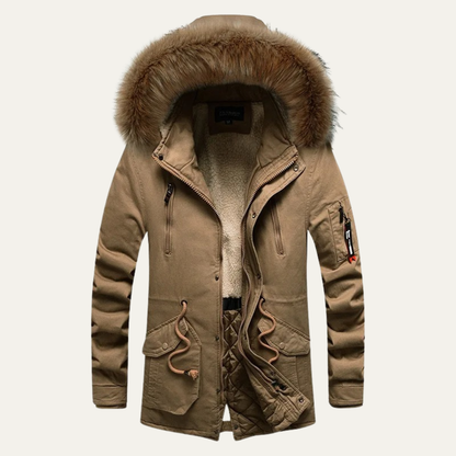 Men's Long Down Hooded Jacket Fur Collar - VibreMode