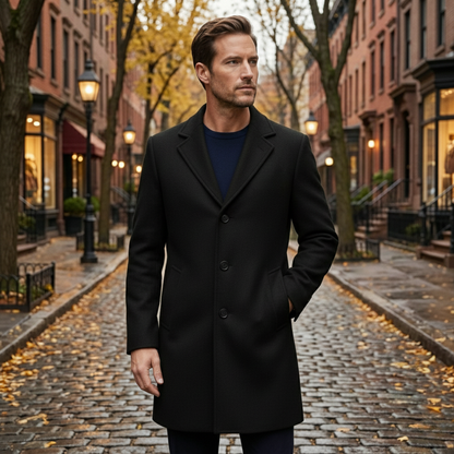 Men's Double Breasted Wool Overcoat Long Black