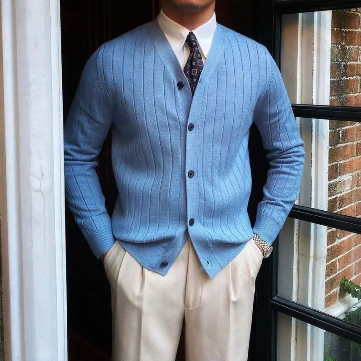 Men's Knit Cardigan Ribbed Button Up Casual Beige