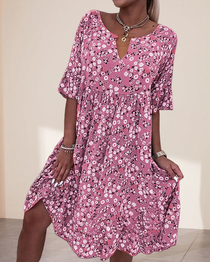 Women's Floral V-Neck Short Sleeve Midi Dress - VibreMode