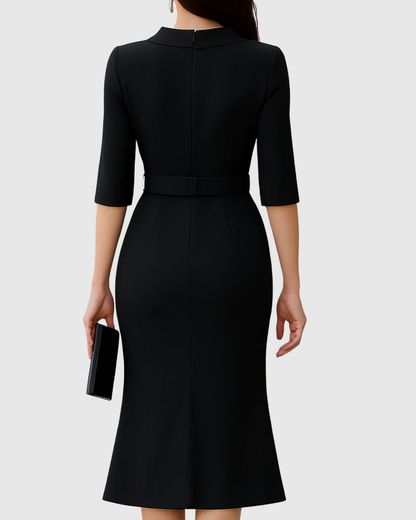 Ladies' Elastic Waist Mock Neck Midi Dress with Flare Sleeves