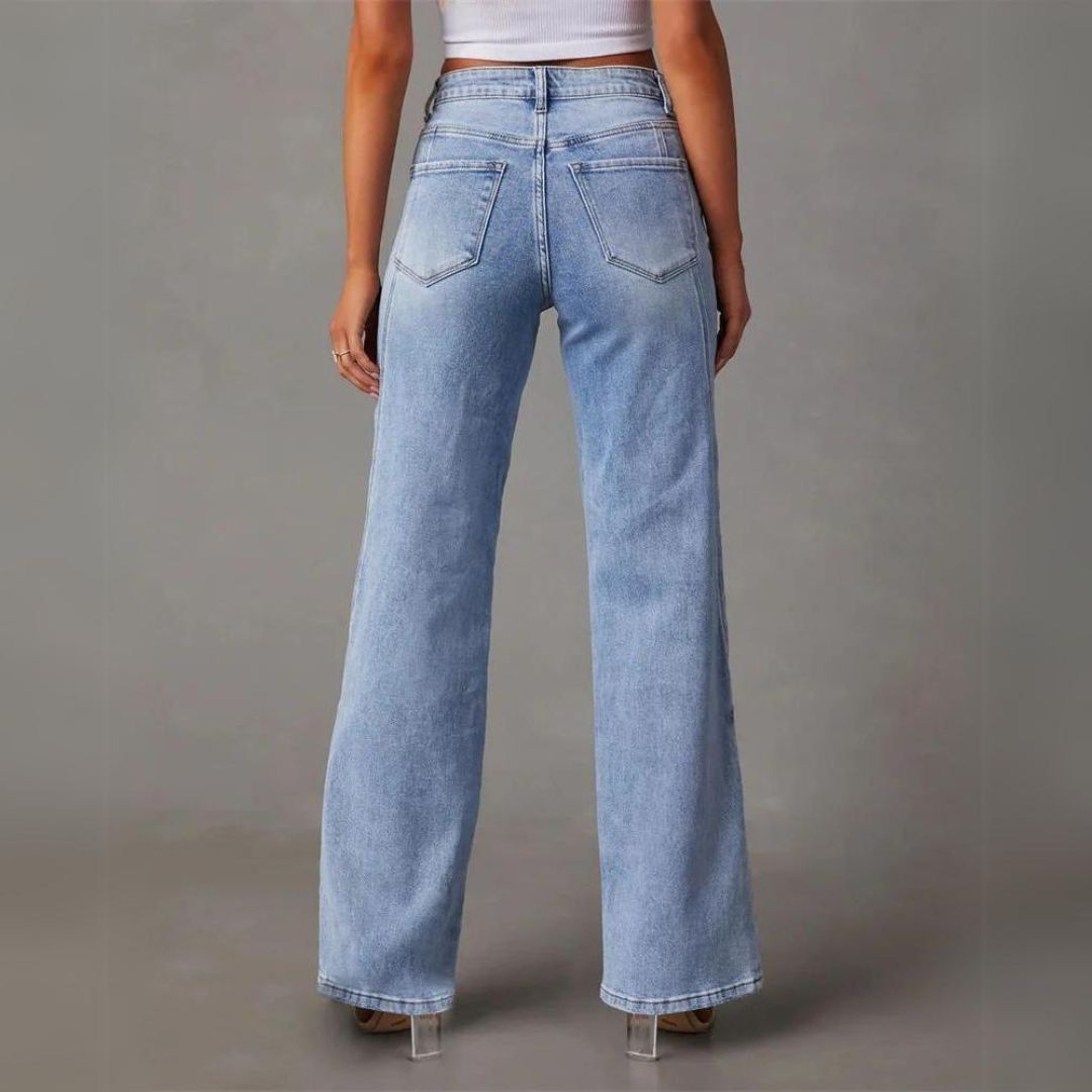 Women's Wide Leg Jeans Button Fly Washed Blue