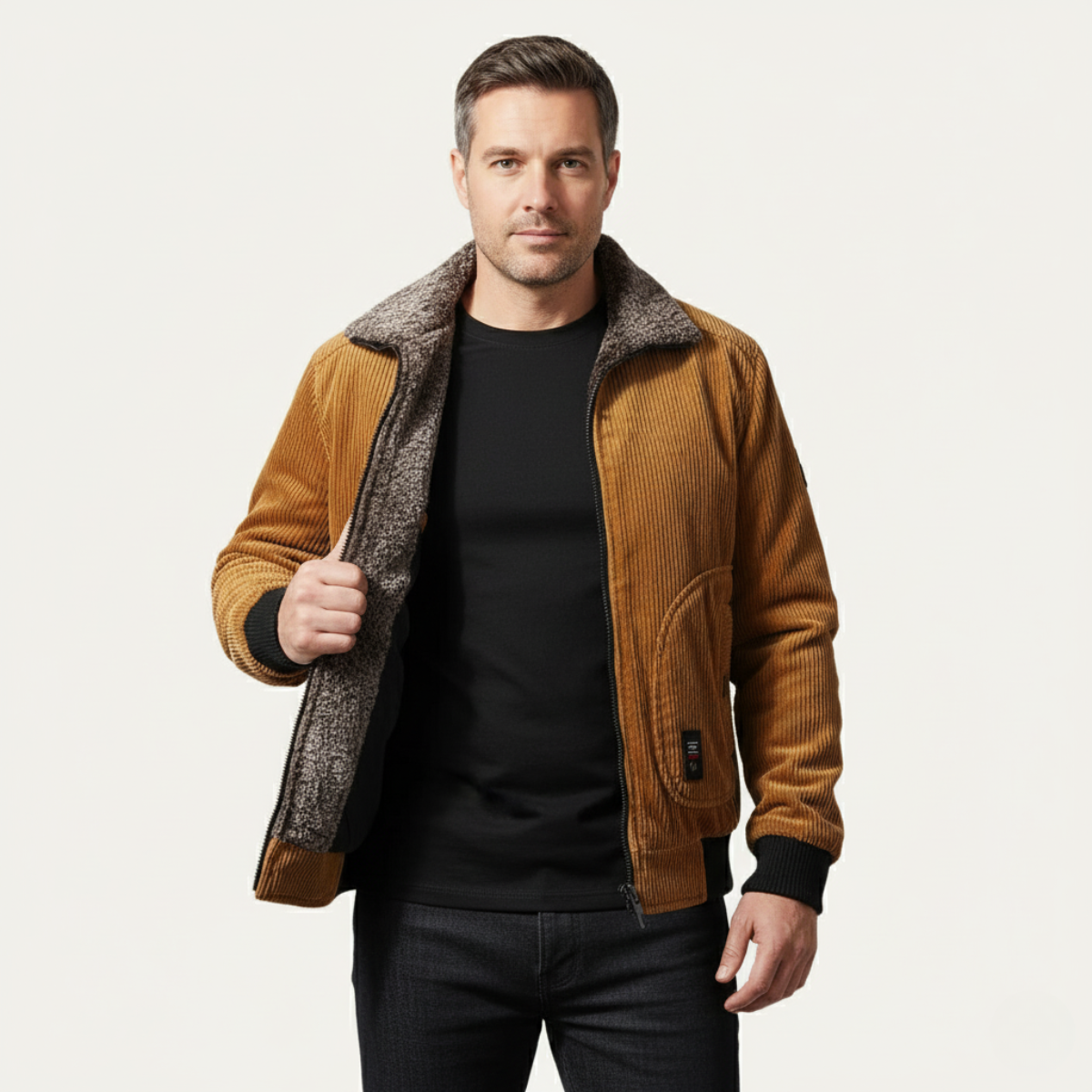 Men's Corduroy Jacket Fleece Lined Fur Collar Zip Up Coat