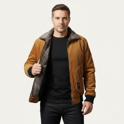 Men's Corduroy Jacket Fleece Lined Fur Collar Zip Up Coat