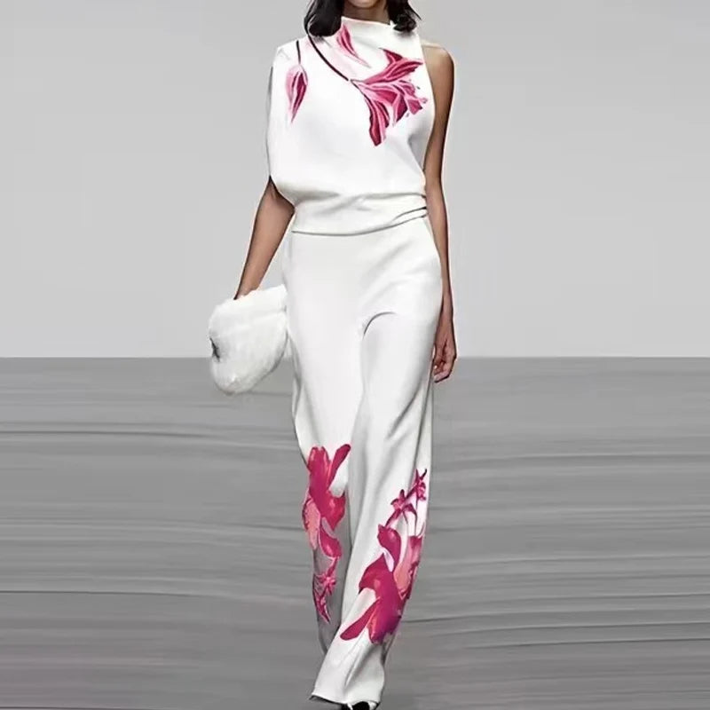 Women's Sleeveless Two Piece Printed Set High Collar - VibreMode